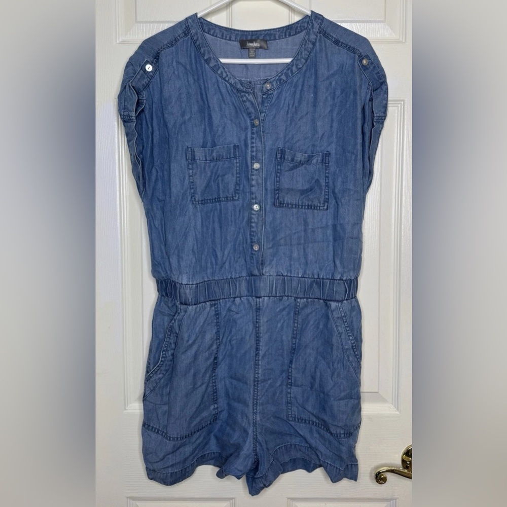 Woman NEIMAN MARCUS Blue Denim Chambray S/s Shorts Romper Sz 10 EUC Button